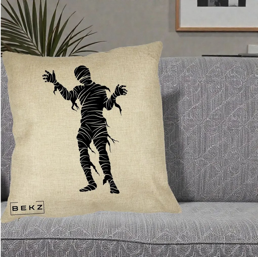 Perna Decorativa Mormii Infricosat Silueta Neagra Halloween, 40x40 cm, Crem, Husa Detasabila, Perna Inclusa, BEKZ®