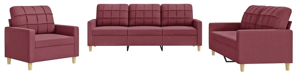 3201248 vidaXL Set canapea cu perne, 3 piese, roșu vin, material textil