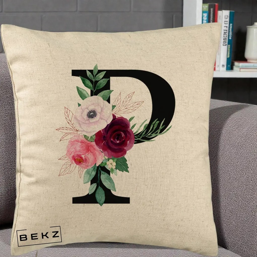Cadou Personalizat - Perna Personalizata Monograma Florala Litera P, 40x40 cm, Bej, Husa Detasabila, Perna Inclusa, BEKZ®