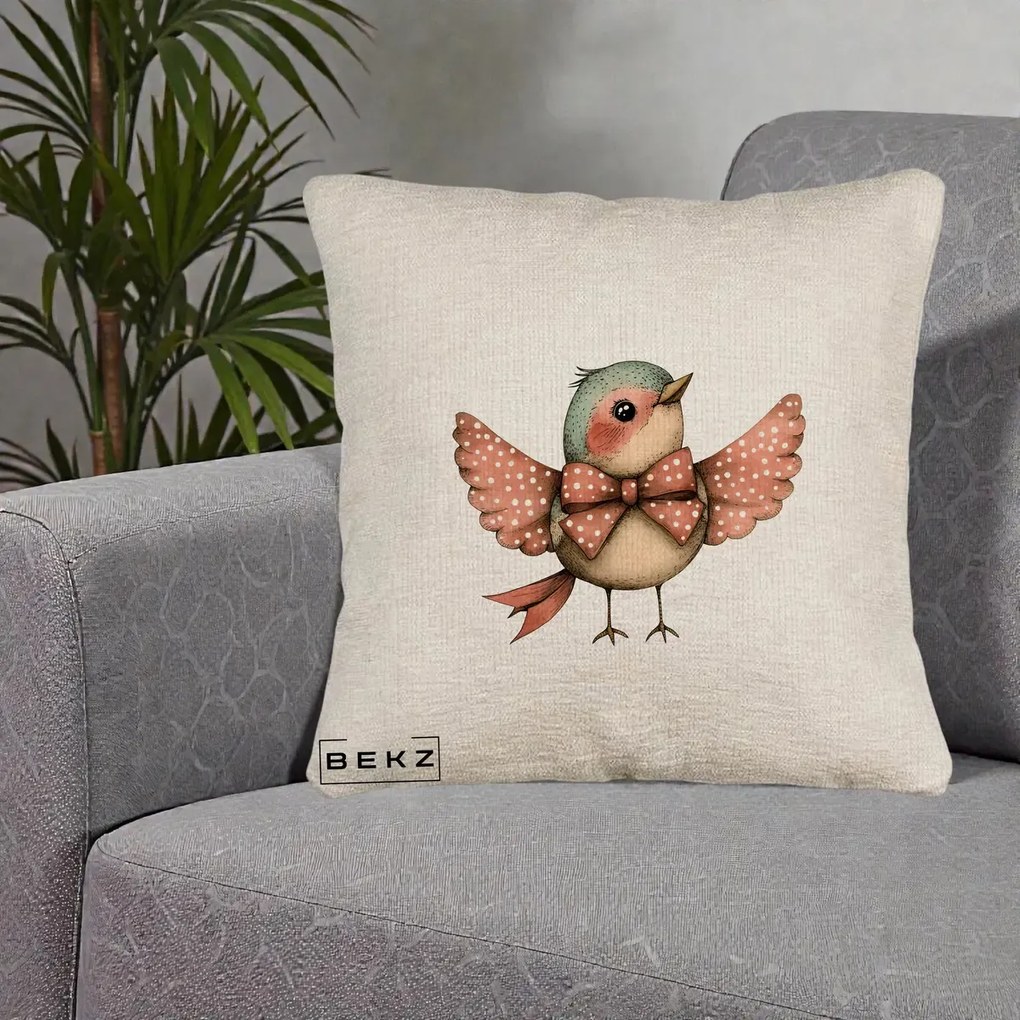 Perna Decorativa Pasare Roz cu Aripi si Fundita, 40x40 cm, Bej Canapea, Husa Detasabila, Perna Inclusa, BEKZ®