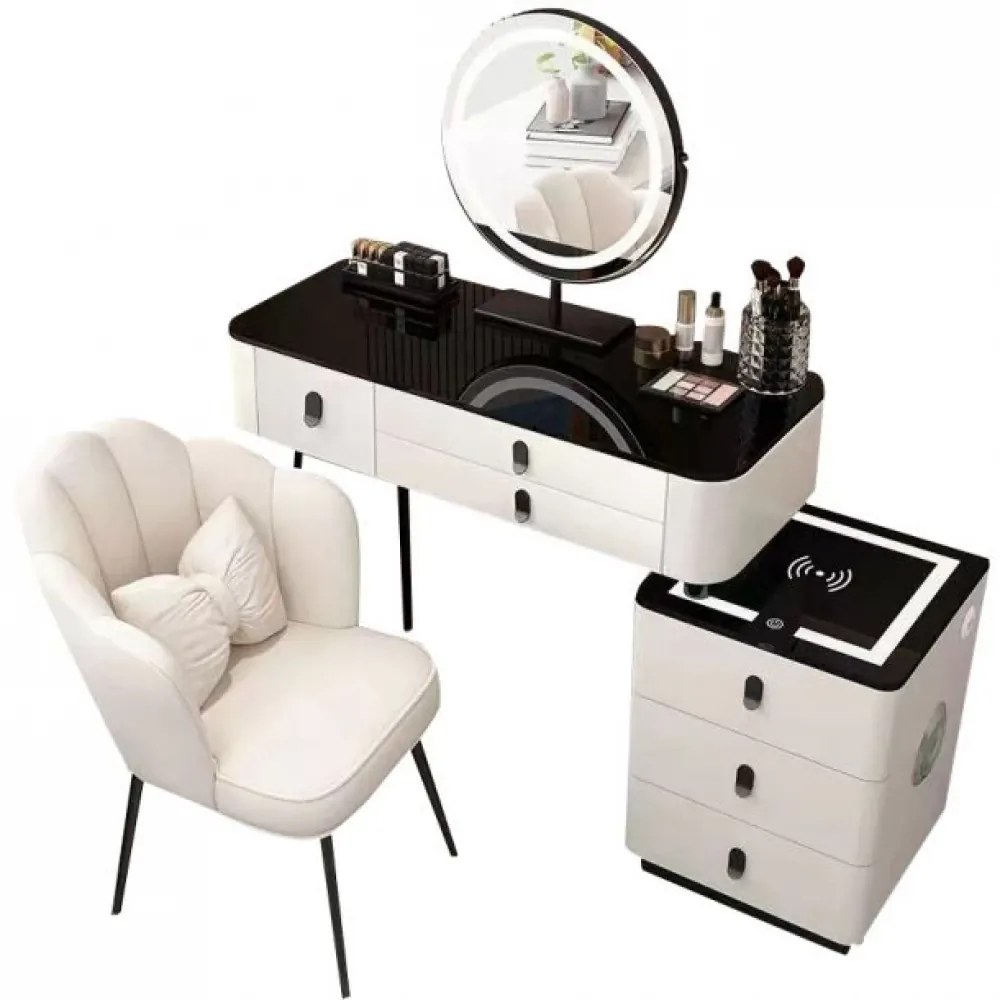 RESIGILAT Set Margot, Masă de toaletă pentru machiaj cu oglindă iluminată LED, control touch, 6 sertare, comoda, scaun, Difuzor Bluetooth, zona încărcare fără fir, Alb