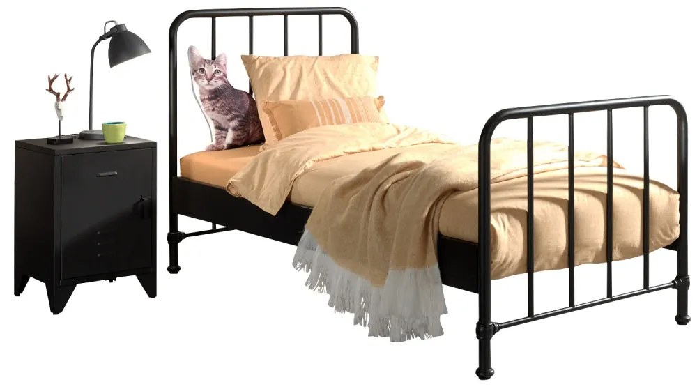 Set BRONXX format din Pat copiiul negru BRONXX (90x200 cm) și NOPTIERA camera copiineagră asortată.