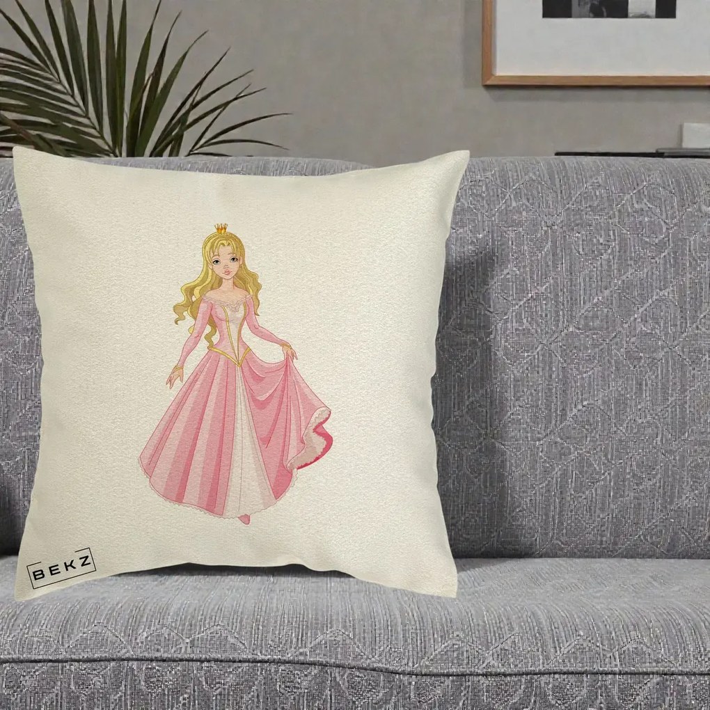 Perna Decorativa Printesa Aurora Rochie Roz, 40x40 cm, Ecru, Husa Detasabila, Perna Inclusa, BEKZ®