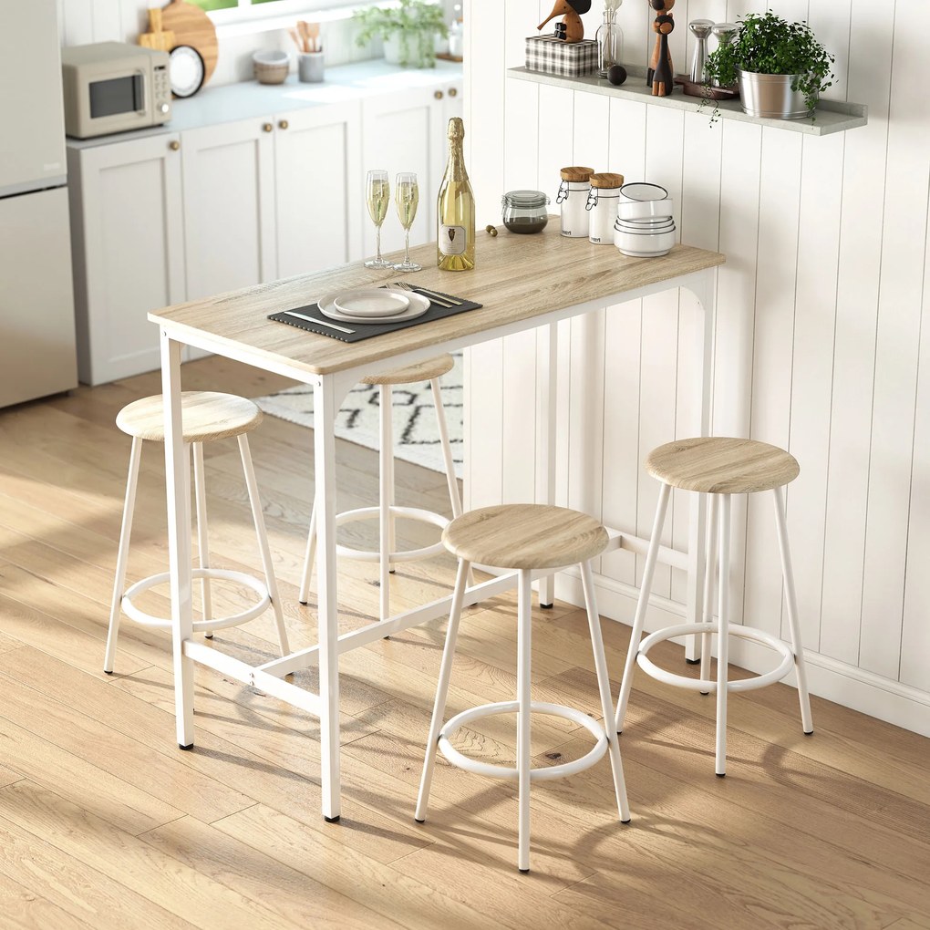 HOMCOM Set de Dining 5 Piese cu Bar 110x50x89,5 cm și Scaune Ø30x60,5 cm din Lemn și Metal Nuanță Lemn | Aosom Romania