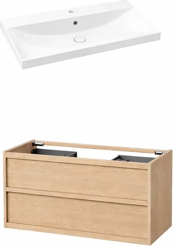 Set dulap baza suspendat KolpaSan Storia 2 sertare 100 cm finisaj acacia cu lavoar ceramic alb