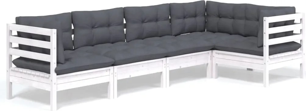 vidaXL Set mobilier grădină cu perne, 5 piese, alb, lemn de pin
