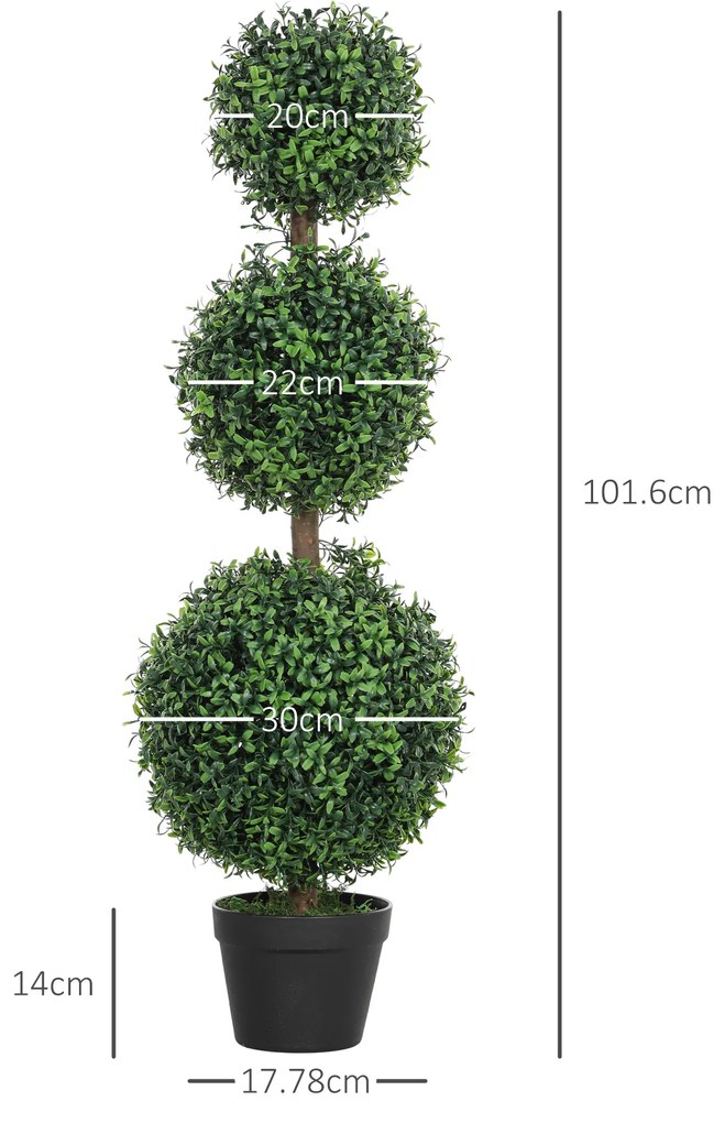 HOMCOM Lot de 2 arbori artificiali 101,6 cm 3 bușoni de buxus topiaires plantă falsă verde PE cu ghiveci interior și exterior | Aosom Romania