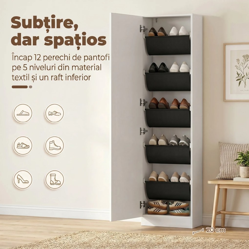 HOMCOM Dulap pentru Pantofi cu Oglindă, Uși Reversibile cu 5 Rafturi din Material Textil, 50 x 20 x 180 cm, Alb | Aosom Romania