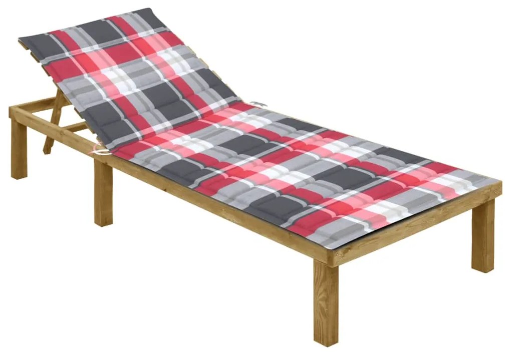 vidaXL Șezlong cu pernă roșu carouri, lemn de pin tratat