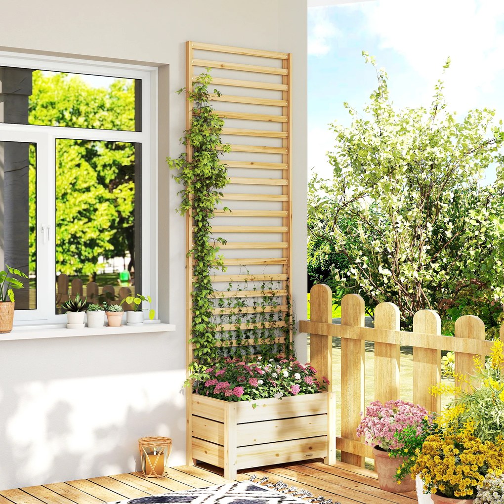 Outsunny Pat înălțat cu spalier din lemn, jardiniere înălțată cu spalier, orificiu de scurgere, căptușeală textilă, 60 x 39 x 200 cm, lemn natural | Aosom Romania