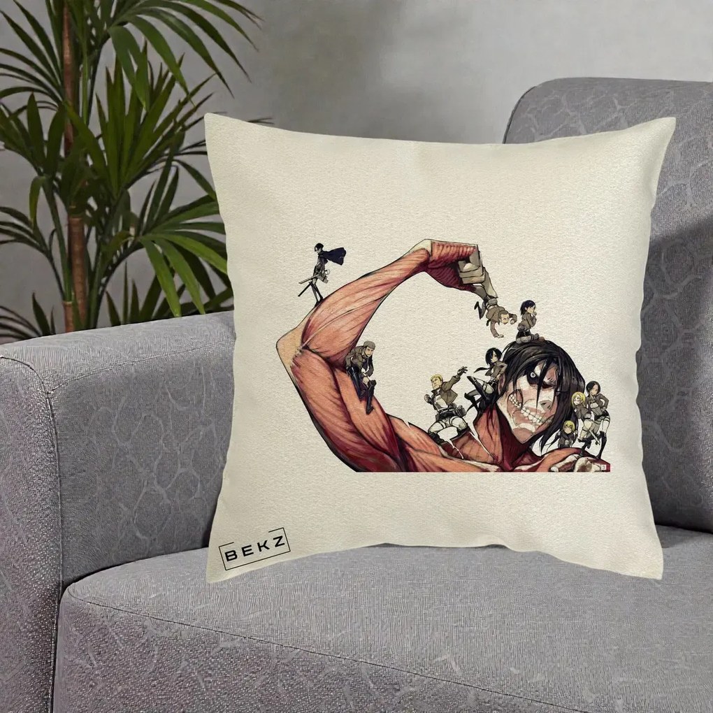 Perna Personalizata Attack on Titan Eren Titan Grup, 40x40 cm, Ecru, Husa Detasabila, Perna Inclusa, BEKZ®