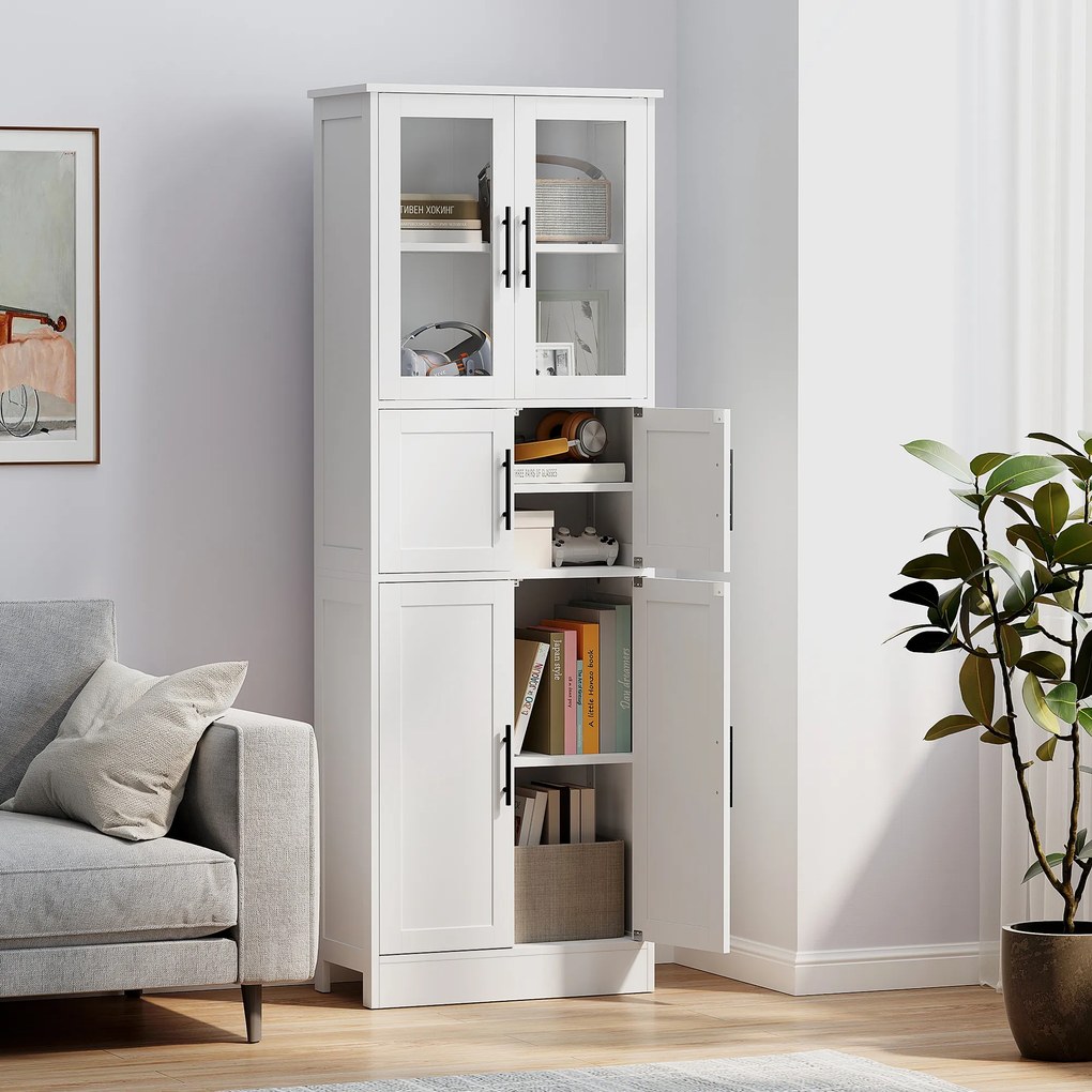 HOMCOM Dulap înalt de baie slim, 170 cm, cu 6 rafturi, uși din sticlă și rafturi reglabile, pentru living sau bucătărie, stil modern, 60x30x170 cm, alb | Aosom Romania