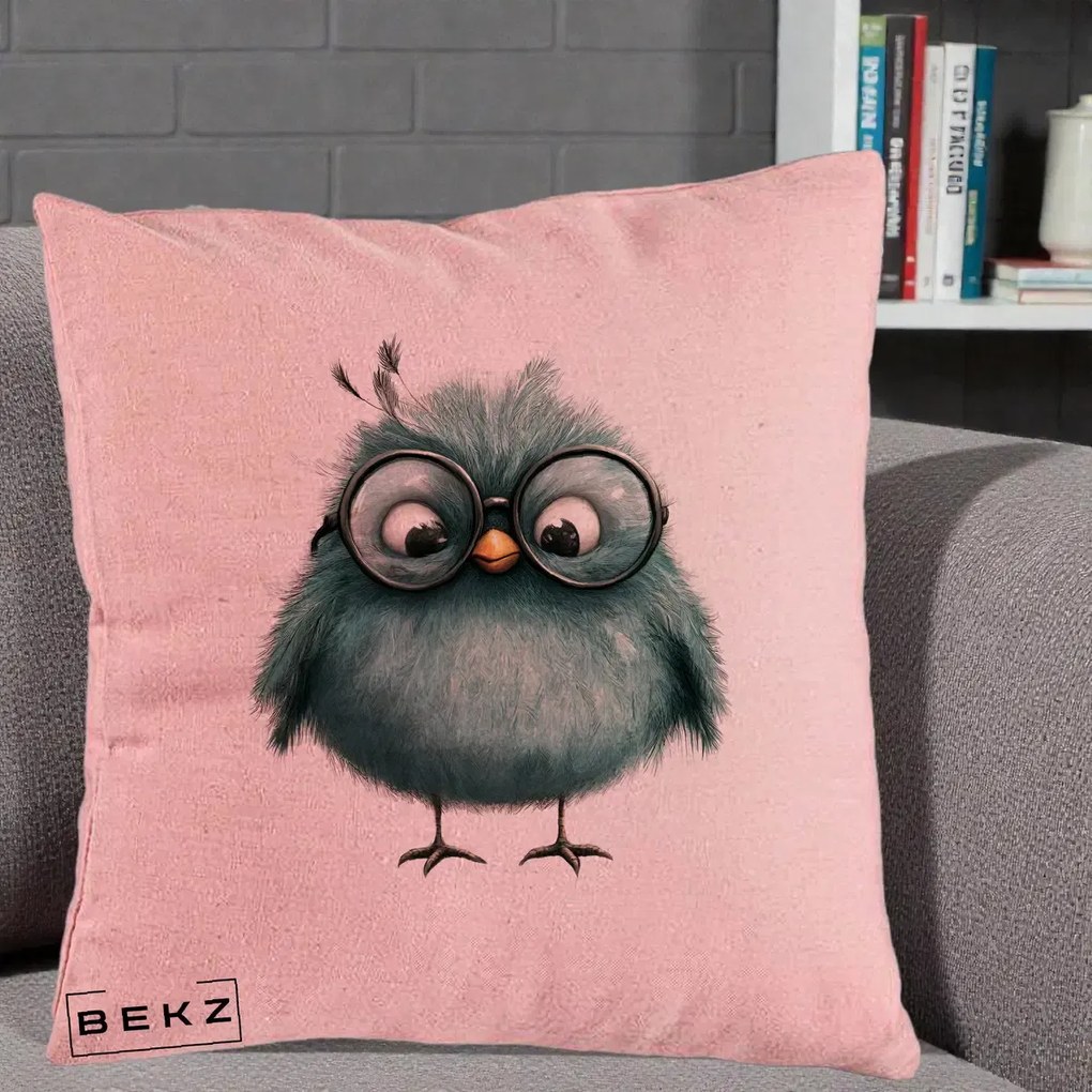 Perna Decorativa Pui Teal cu Ochelari Rotunzi, 40x40 cm, Roz, Husa Detasabila, Perna Inclusa, BEKZ®