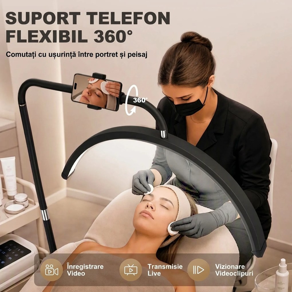 HOMCOM Lampă de Podea LED cu Cap Semilună, Înălțime și Temperatură de Culoare Reglabile, Telecomandă, Negru | Aosom Romania