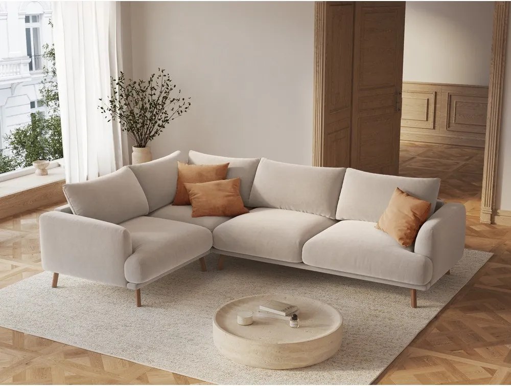 Colțar bej cu tapițerie din catifea (cu colț pe partea stângă/în formă de ”L”) Naomi – Micadoni