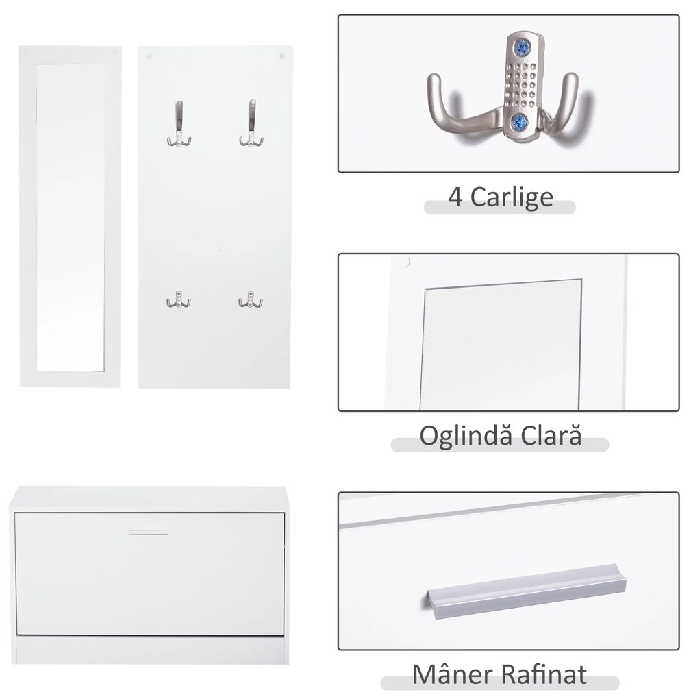 HOMCOM Set 3 Piese Suport pantofi Suport haine Oglinda pentru Hol sau Dormitor, din Lemn, 80x27x46,5cm, Alb | Aosom Romania