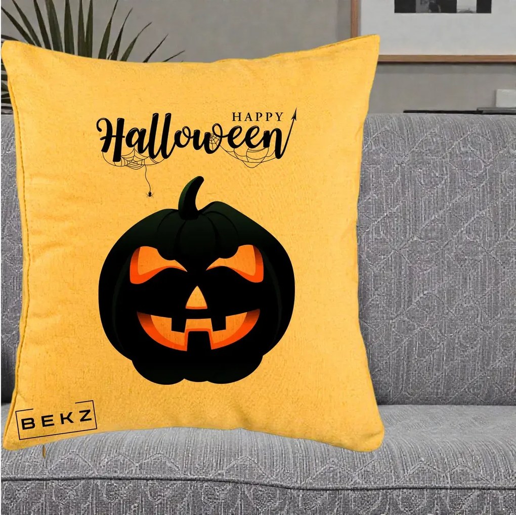 Perna Decorativa Happy Halloween Dovleac Negru cu Paianjen, 40x40 cm, Galben, Husa Detasabila, Perna Inclusa, BEKZ®
