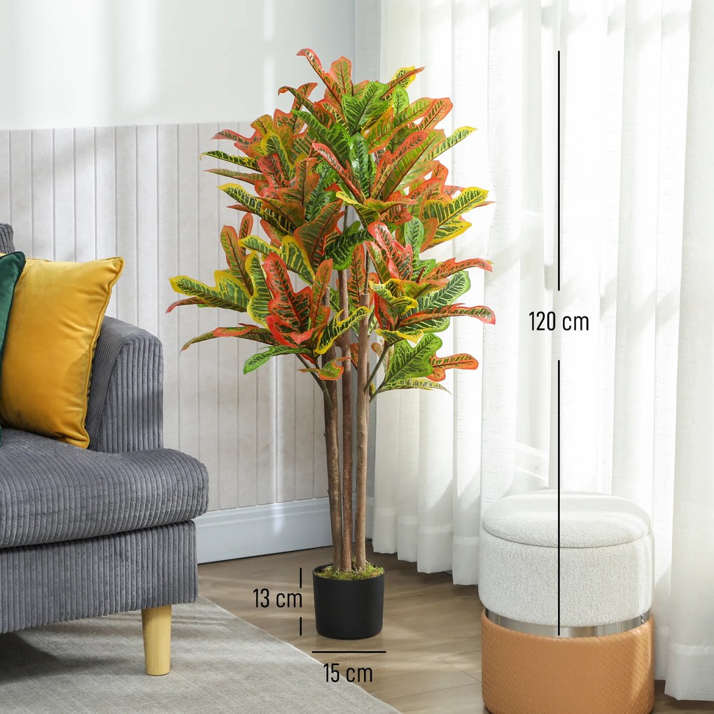 HOMCOM Plantă Artificială Croton cu 139 Frunze Modelabile și Ghiveci Alb din PP și Ciment, Plantă Falsă din PEVA și Lemn, 55x55x120 cm, Multicolor | Aosom Romania