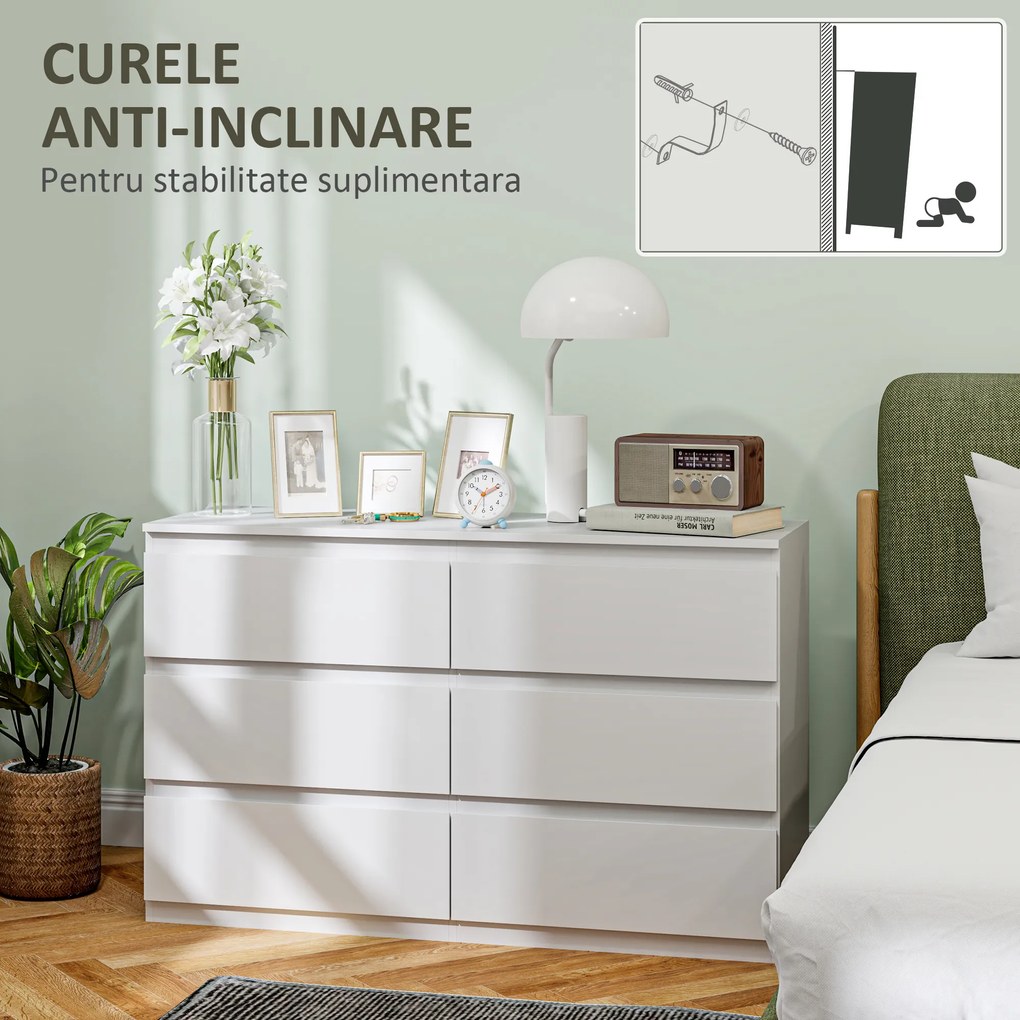 HOMCOM Comodă cu 6 Sertare și Picioare Antiderapante din Lemn, 120x39x75 cm, Alb | Aosom Romania