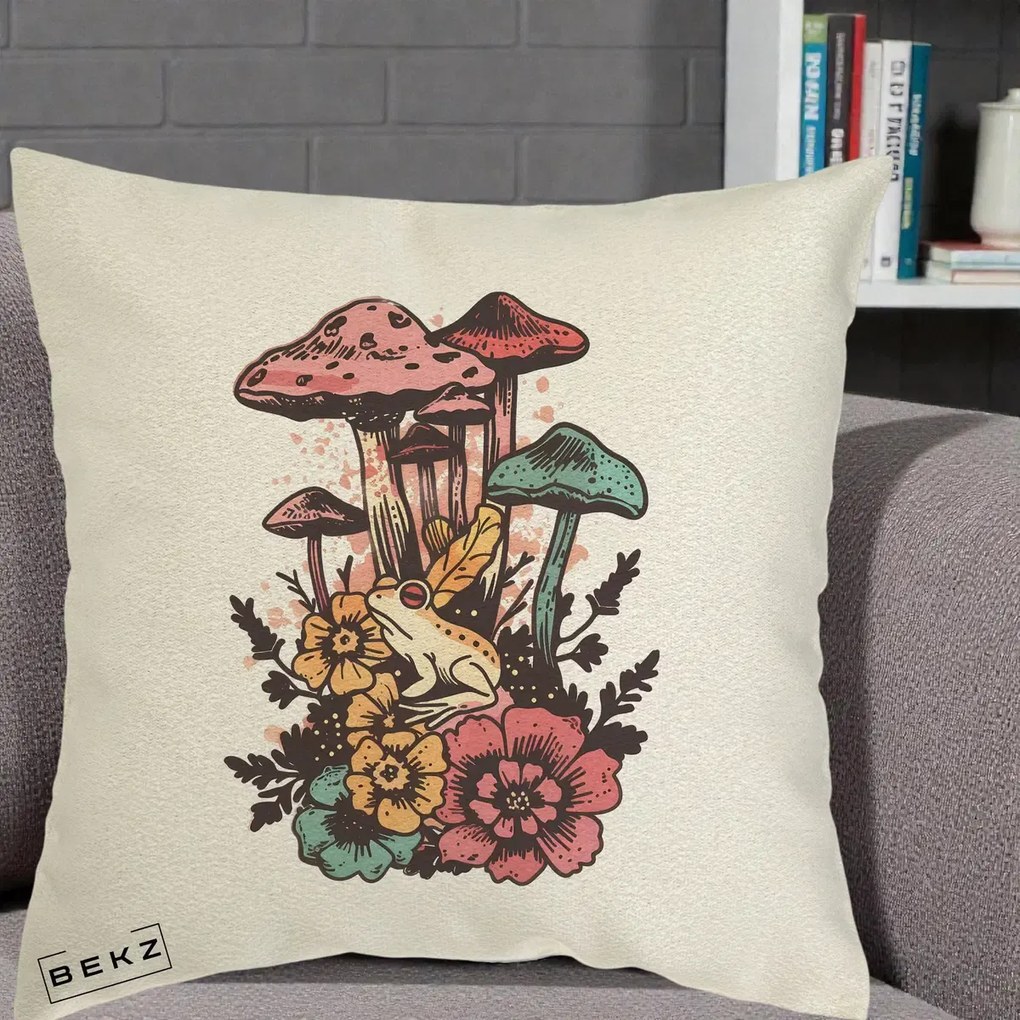 Perna Decorativa Ciuperci si Broaste Boho, 40x40 cm, Ecru, Husa Detasabila, Perna Inclusa, BEKZ®