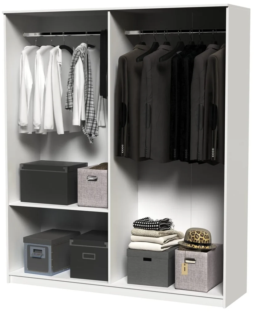 Dormitor Luiza 4U5P, culoare alb, cu pat standard 140 x 200 cm, dulap cu 4 usi, comoda si 2 noptiere