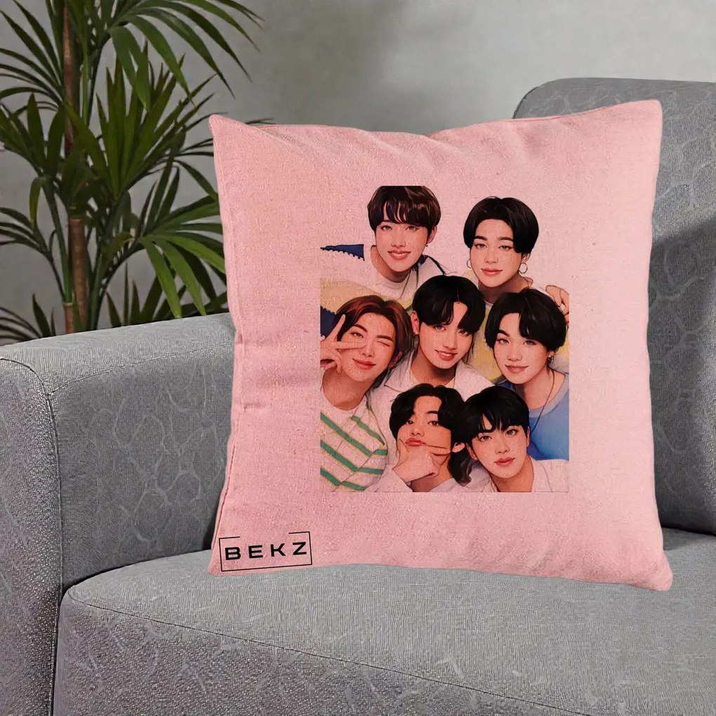 Perna Personalizata K-pop BTS Bangtan Boys Portret Grup Fanart, 40x40 cm, Roz, Husa Detasabila, Perna Inclusa, BEKZ®