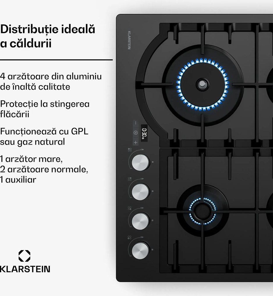 Klarstein Ignito gaz plită, 8 kW, suporturi din fontă, temporizator, reglare temperatură
