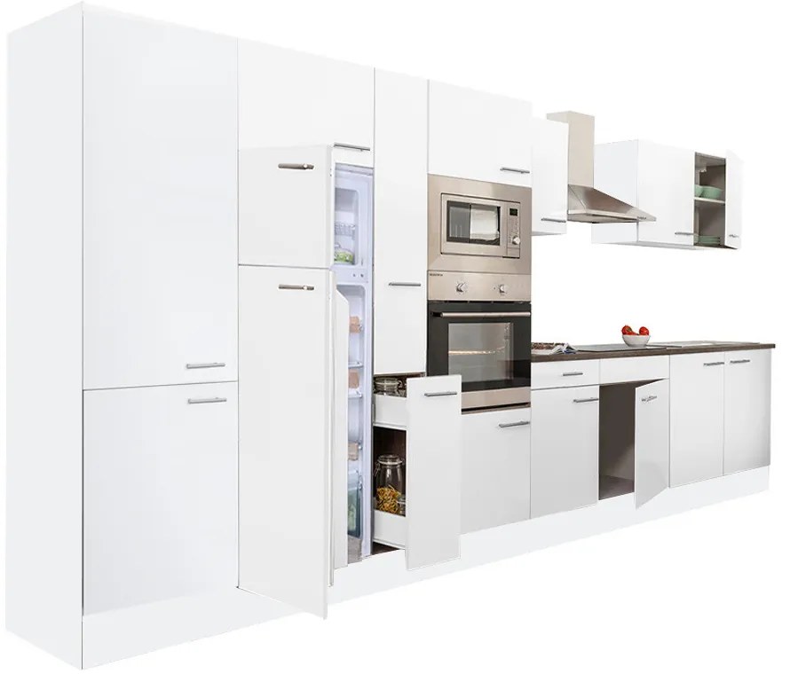 Mobilă de bucătărie Yorki 420, corp alb, față alb satinat, frigider cu congelator superior
