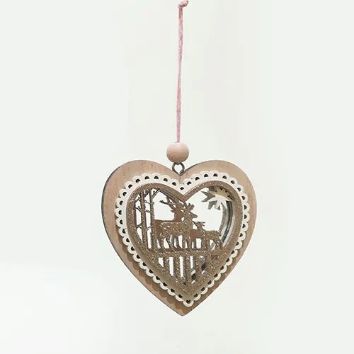 Decoratiune din lemn in forma de inima cu ren 11 cm