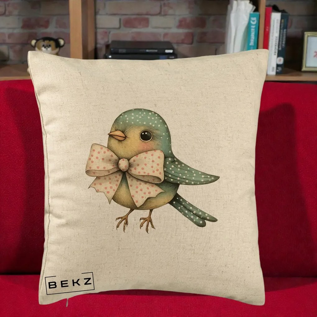 Perna Decorativa Pasare Teal cu Fundita cu Buline, 40x40 cm, Bej, Husa Detasabila, Perna Inclusa, BEKZ®