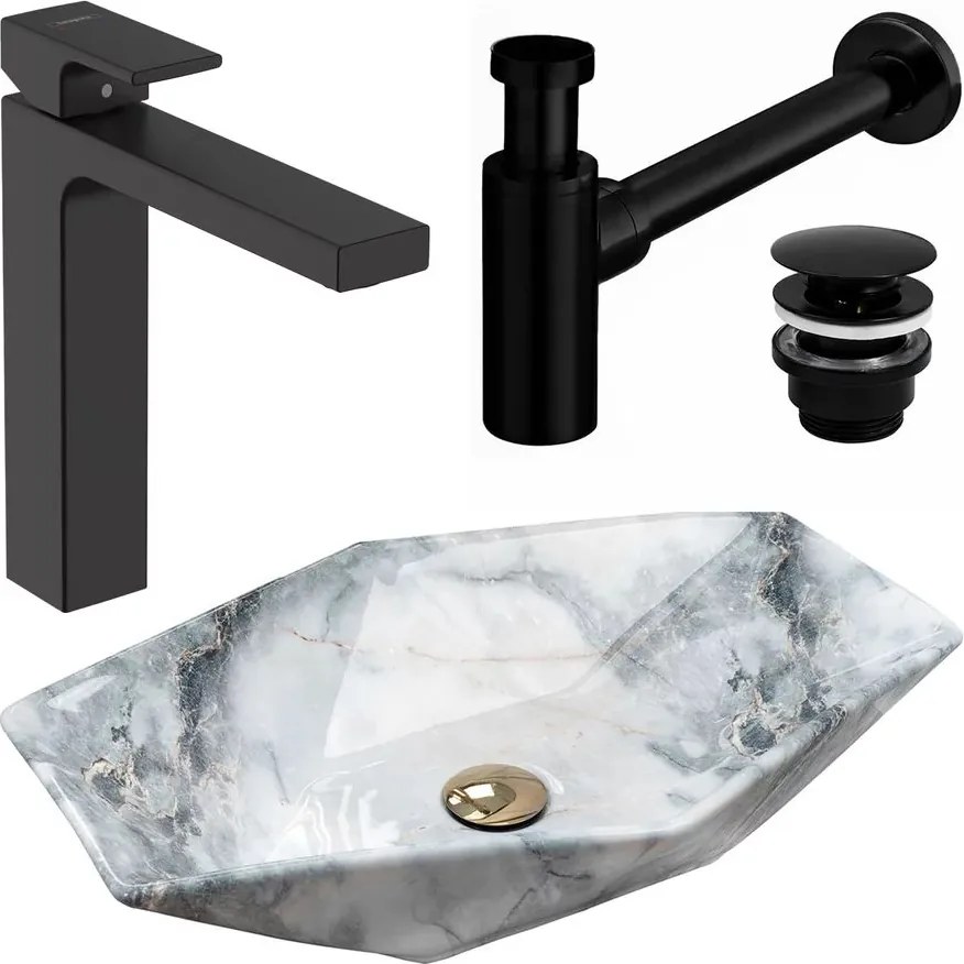 Pachet lavoar pe blat Rea Vegas granit 57 cm, baterie lavoar Hansgrohe Vernis Shape 190 negru si ventil lavoar Click-Clack negru