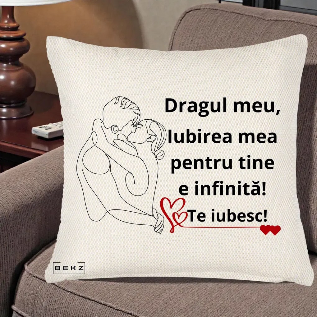 Cadou pentru Iubit - Perna Personalizata Dragul Meu Iubirea Mea pentru Tine e Infinita Te Iubesc, 40x40 cm, Crem Reliefat, Husa Detasabila, Perna Inclusa, BEKZ®