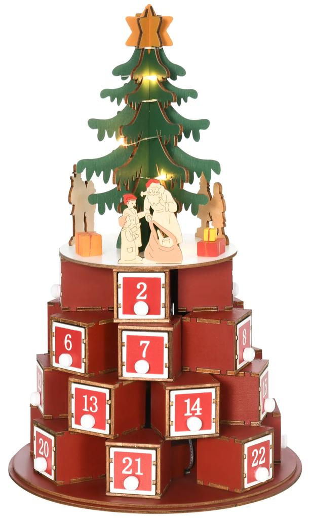 Calendar Advent de Craciun din lemn, cu lumini LED, pentru copii si adulti, rosu si verde HOMCOM | Aosom RO