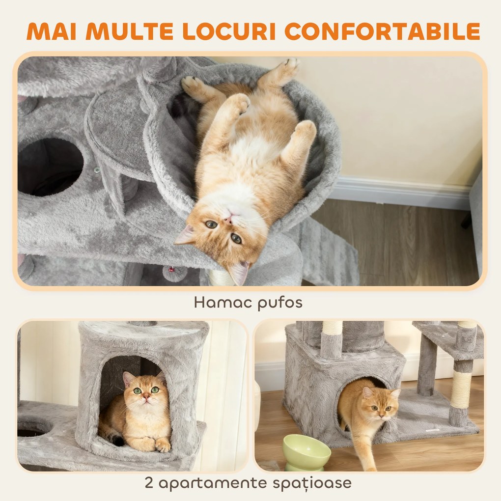 Pawhut Ansamblu de joacă pentru Pisici de 170 cm cu 7 Stâlpi Zgâriători, 2 Căsuțe, Hamac, Gri Deschis | Aosom Romania