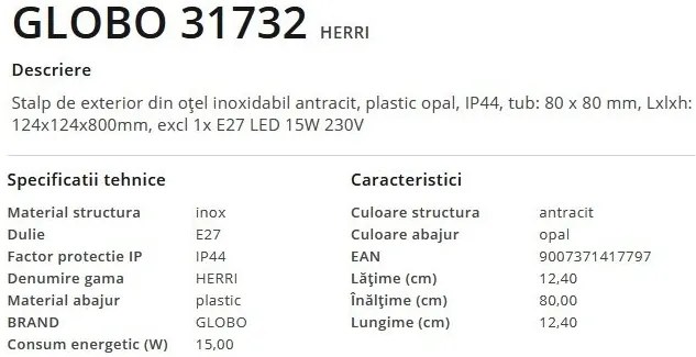 Stalp mediu pentru iluminat exterior IP44 Herri antracit