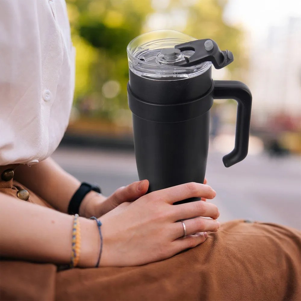 Cană termos neagră cu pai 1,2 l Termo – Orion