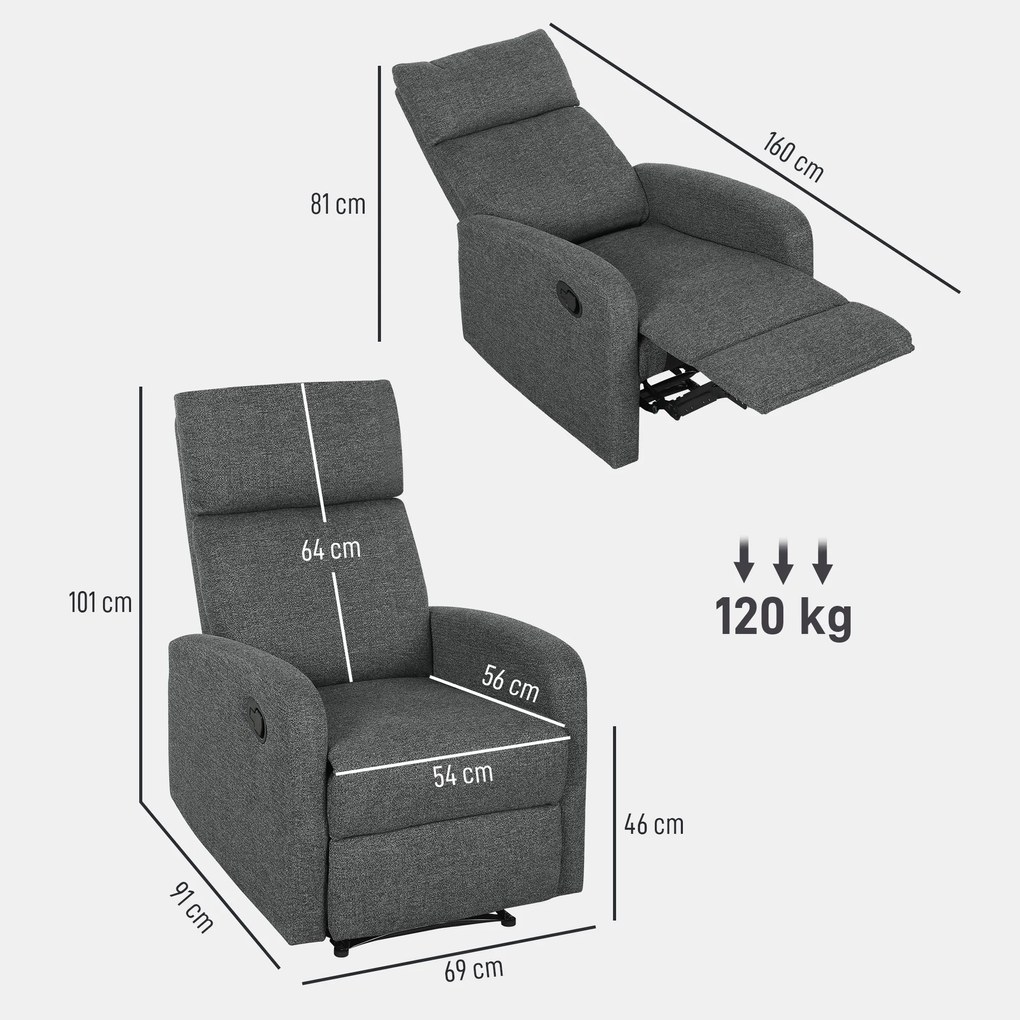 HOMCOM Fotoliu Modern Reclinabil 145° max, Tapițat din Chenille Gri | Aosom Romania