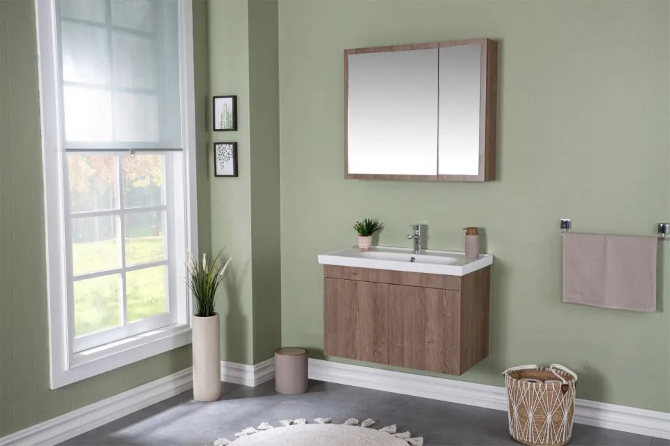 Set Mobilier Baie Bryce, Include Baza Lavoar, Lavoar și Corp cu Oglinda, 80 cm, Nuc