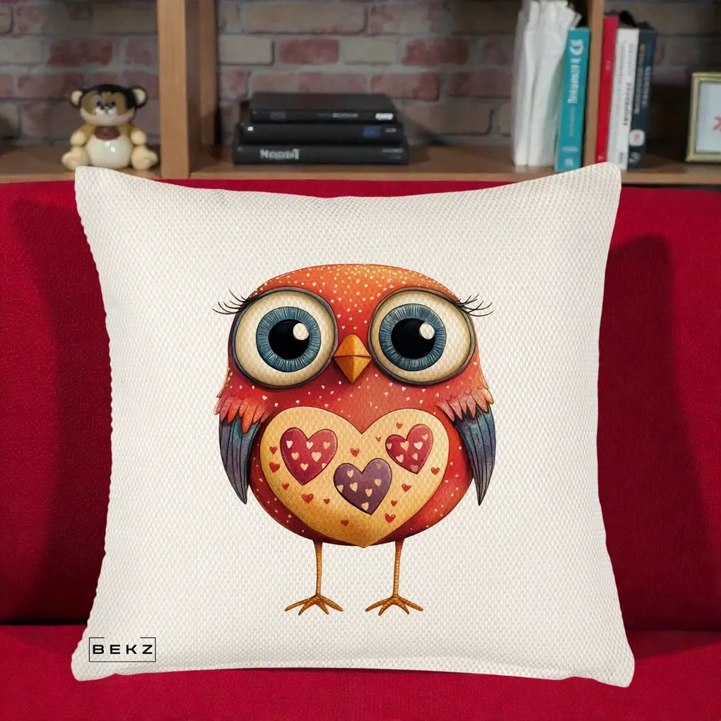 Perna Decorativa Bufnita Rosie cu Inimi Aurii, 40x40 cm, Crem Reliefat, Husa Detasabila, Perna Inclusa, BEKZ®