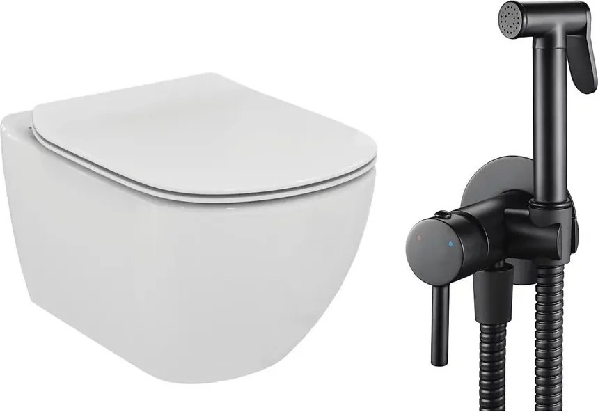 Pachet vas wc suspendat Ideal Standard Tesi, capac softclose si set dus igiena intima negru cu baterie incastrata Rea Loop