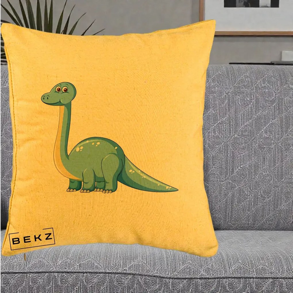 Perna Personalizata Brontosaur Albastru, 40x40 cm, Galben, Husa Detasabila, Perna Inclusa, BEKZ®