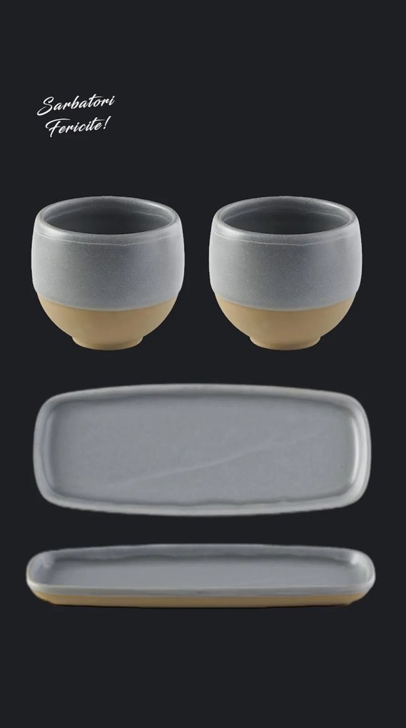 Set Cadou Heritage Gri Cafea (2 Pahare Heritage 300ml + 2 Platouri Heritage lungime 22,5cm, latime 10cm)