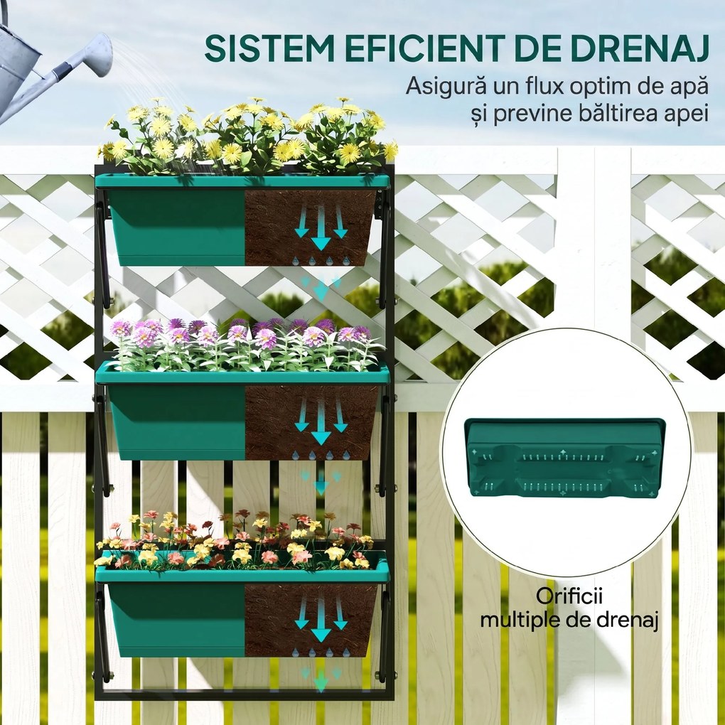 Outsunny Jardinieră Verticală pentru Exterior cu 3 Niveluri și Ghivece cu Orificii de Drenaj, 56x42x100 cm, Verde | Aosom Romania