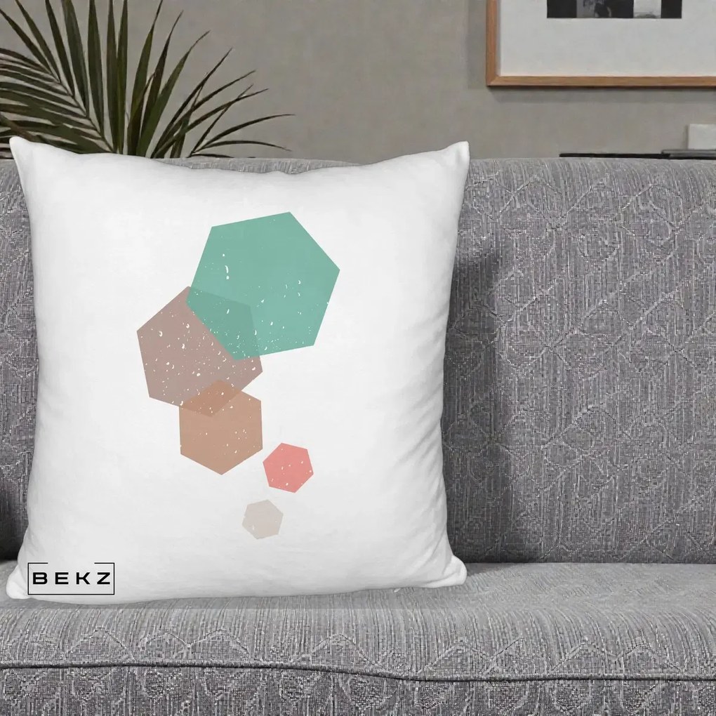 Perna Decorativa Geometric Hexagoane Pastel, 40x40 cm, Alb Pufos, Husa Detasabila, Perna Inclusa, BEKZ®