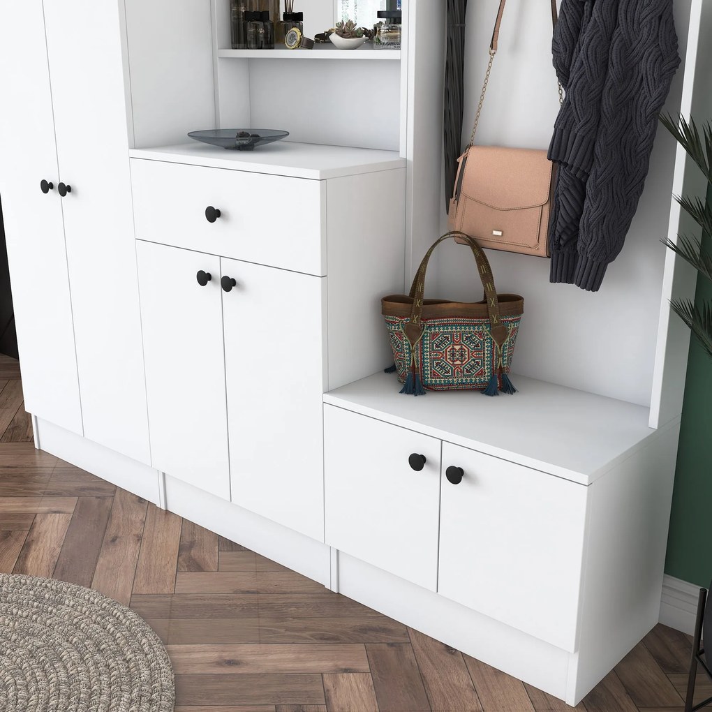 Pantofar Cuier Hol Genus cu 6 usi si oglinda, Alb, 180 x 183 x 37 cm