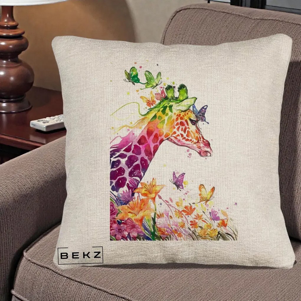 Perna Decorativa Girafa Curcubeu Acuarela, 40x40 cm, Bej Canapea, Husa Detasabila, Perna Inclusa, BEKZ®