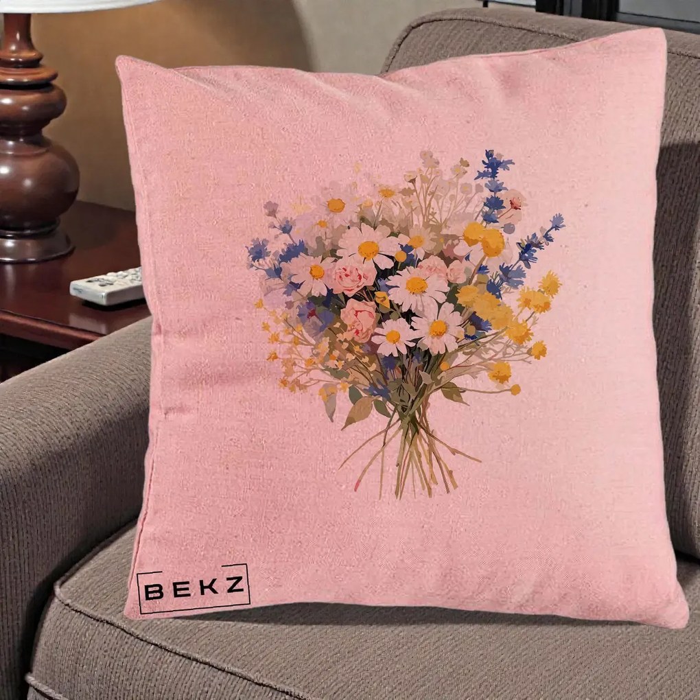 Perna Decorativa Buchet Camp Acuarela Margarete-Lavanda, 40x40 cm, Roz, Husa Detasabila, Perna Inclusa, BEKZ®
