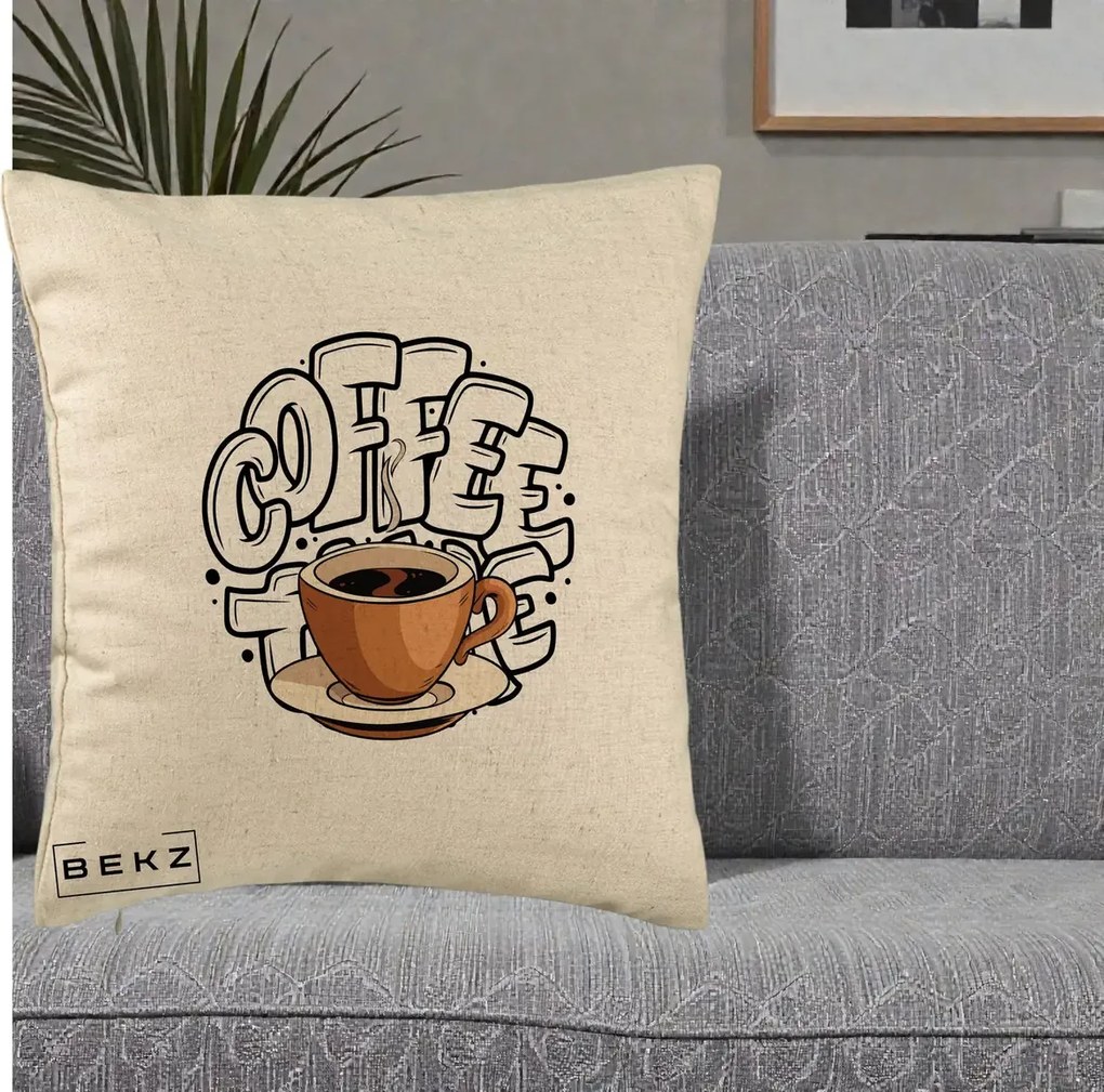 Perna Personalizata COFFEE cu Cana, 40x40 cm, Bej, Husa Detasabila, Perna Inclusa, BEKZ®