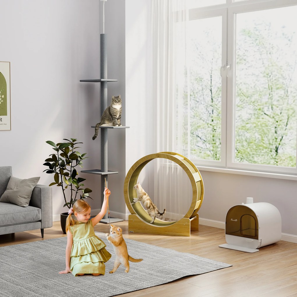 PawHut Roata de Alergare pentru Pisici de Interior Banda de alergare cu frână perne de zgâriere diametru 91 cm natural | Aosom Romania