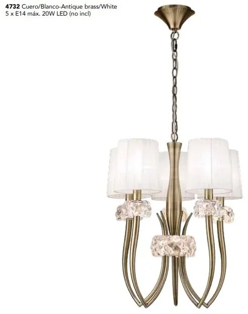 Candelabru clasic cu 5 brate LOEWE antique brass/ abajur alb